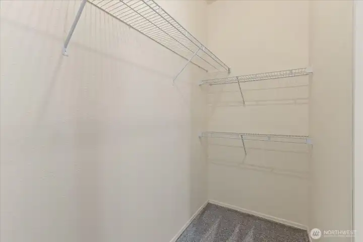 A large walk-in closet provides exceptional storage and organization.