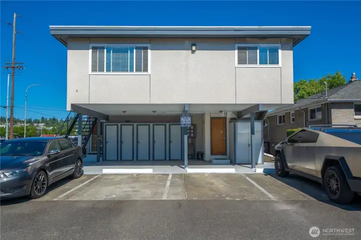 Covered common area with storage, laundry and dedicated off-street parking
