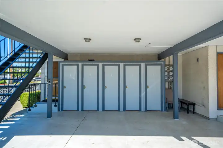 Covered common area with storage for each unit and onsite laundry