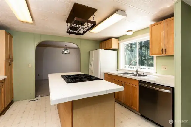Kitchen has a center work island with a propane range and downdraft vent.