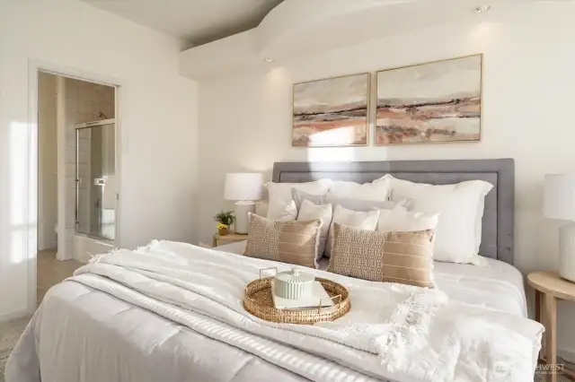 Architectural details, new carpeting & paint make it inviting, and the bedroom opens to a walk in primary bath.