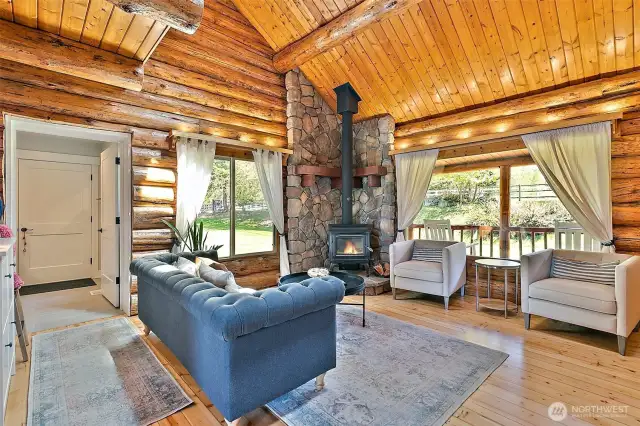 living room with wood stove