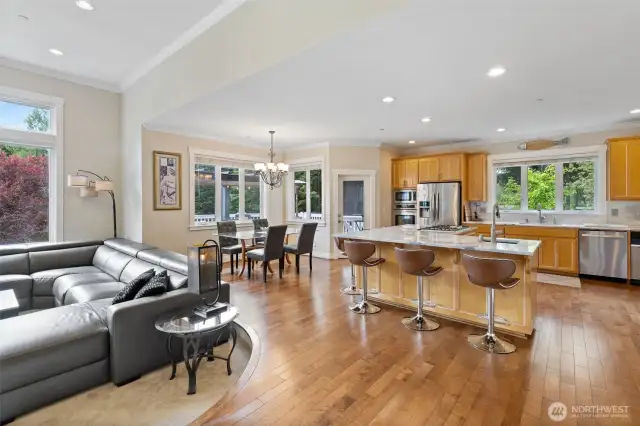 Plenty of casual seating around the kitchen. Easy access to a large view deck.
