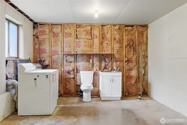 Large partially finished basement bathroom and laundry