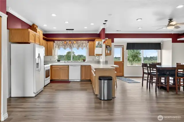 Open kitchen adjacent to living and dining