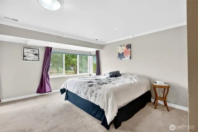 Primary bedroom is large and bright