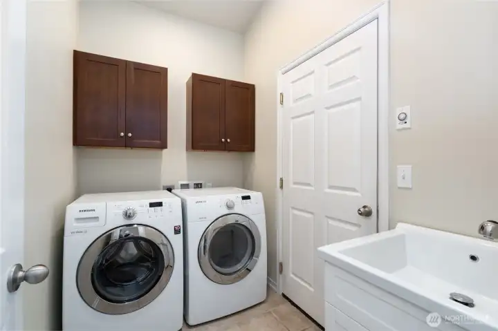 Utility Room that adjoins 2-car garage featuring storage and sink