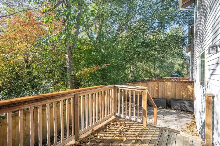 Deck accessible from the family room, overlooking a lower stamped concrete patio.