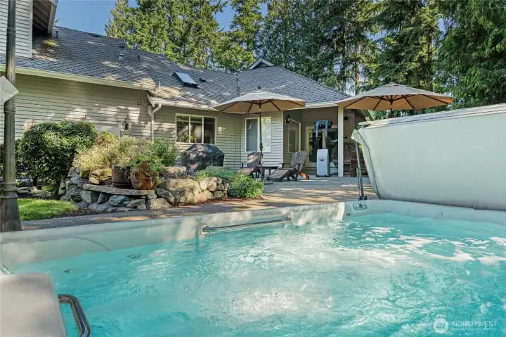 Back patio with water feature and swim spa.