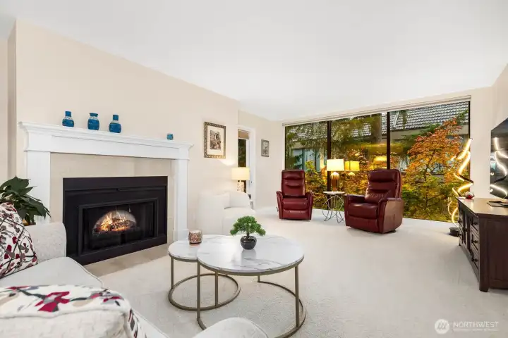 Cozy living room with a gas fireplace — a perfect place to unwind and enjoy wooded views.