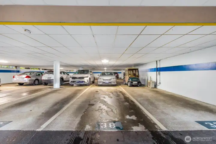 Covered resident garage providing sheltered parking within the St. Moritz community.