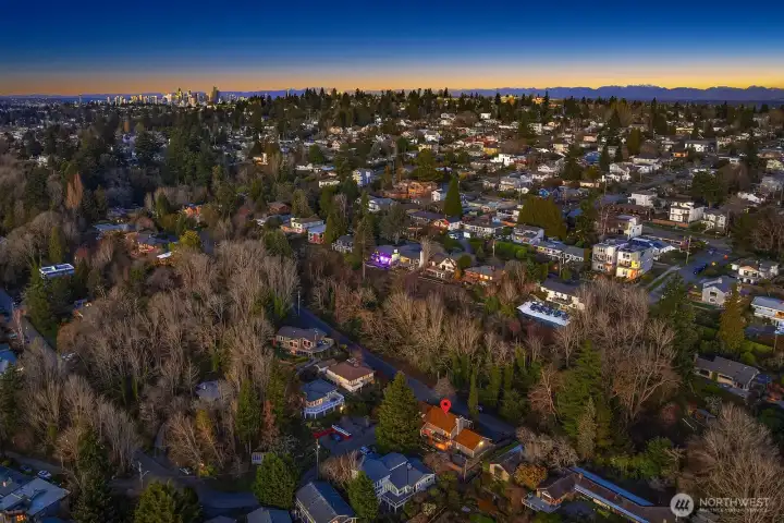 A view of the house in the foreground looking north to downtown Seattle and the mountains beyond.