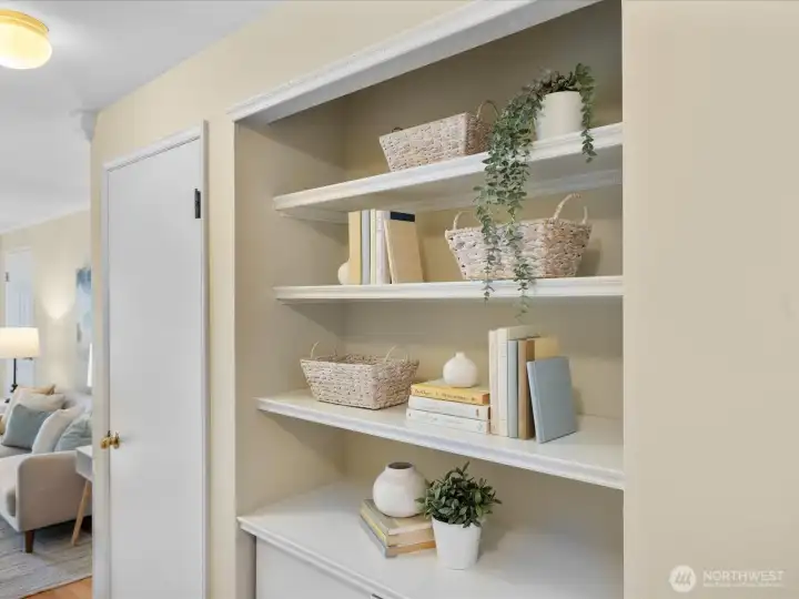 Great shelving and storage in the hallway.
