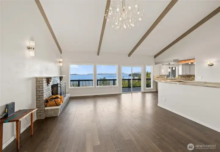 Vaulted ceilings with exposed beams.