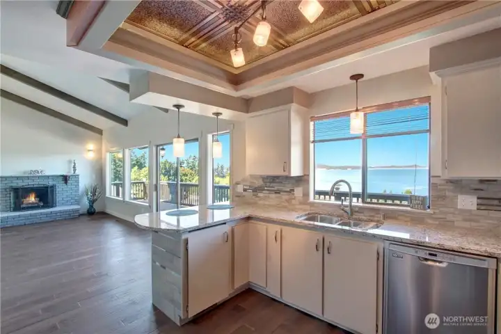 Updated kitchen with beautiful ceiling detail.