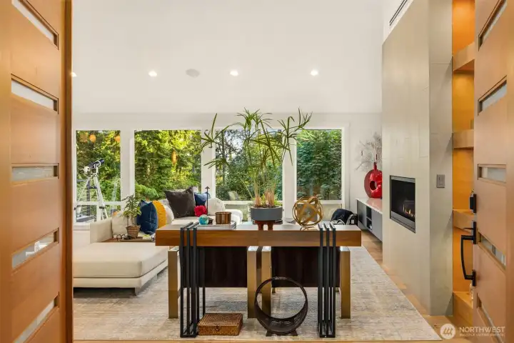 Huge entryway doors lead to stunning interior