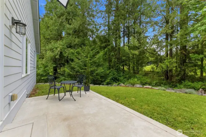 Step outside into your own private forest! This view from the patio looks directly into the lush, mature trees, offering unmatched peace and a beautiful natural backdrop for outdoor dining.