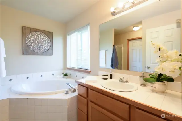 Spacious EnSuite with large, garden tub and lots of counter and cabinet space.