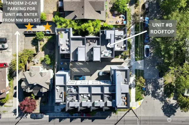 Top down aerial view of the unit + parking. Both tandem parking spots can be used when touring. Enter off of NW 85th St.