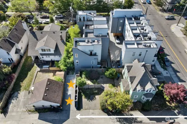 Aerial view of the unit and parking.