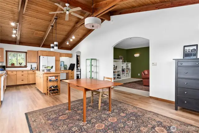 Dining room with propane stove for heat.