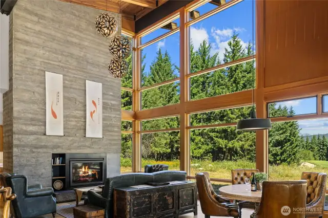 The grand hand-stamped concrete fireplace replicates wood grain.