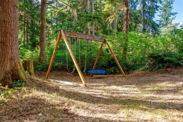 Secluded swing set nestled among the trees, just a short stroll from the house