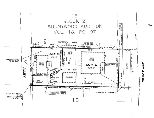 Condo Survey Map showing the division between the main house, Unit A, and the DADU, Unit B.  This listing is specifically for Unit B only.