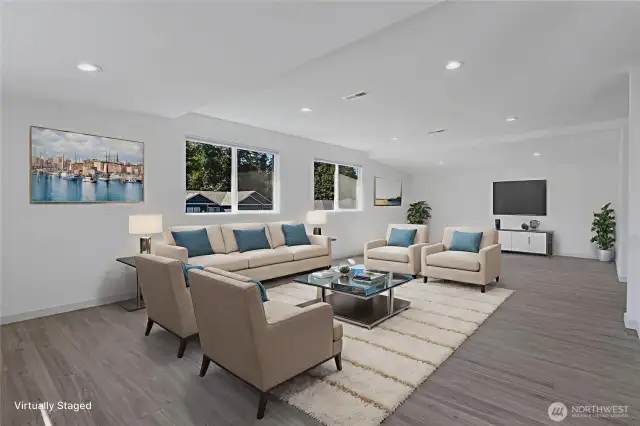 Virtually staged great room.