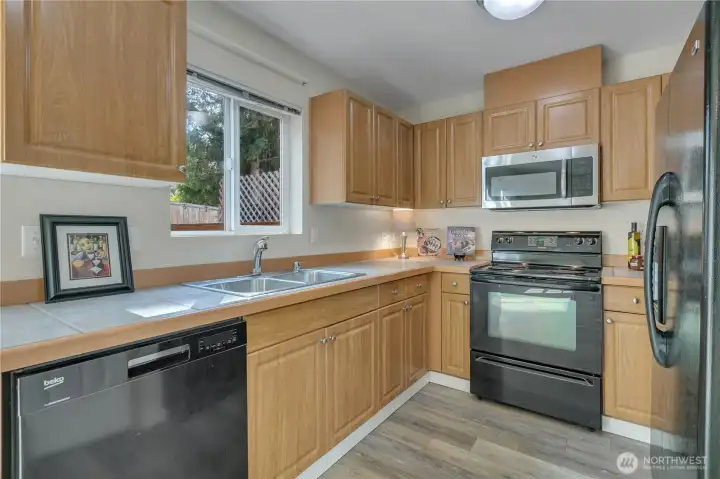 Tile counters and lots of storage.