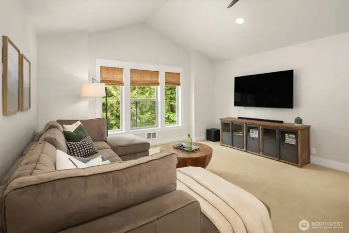 The main area has vaulted ceilings and room for a sectional and entertainment center. The main area has vaulted ceilings and room for a sectional and entertainment center.