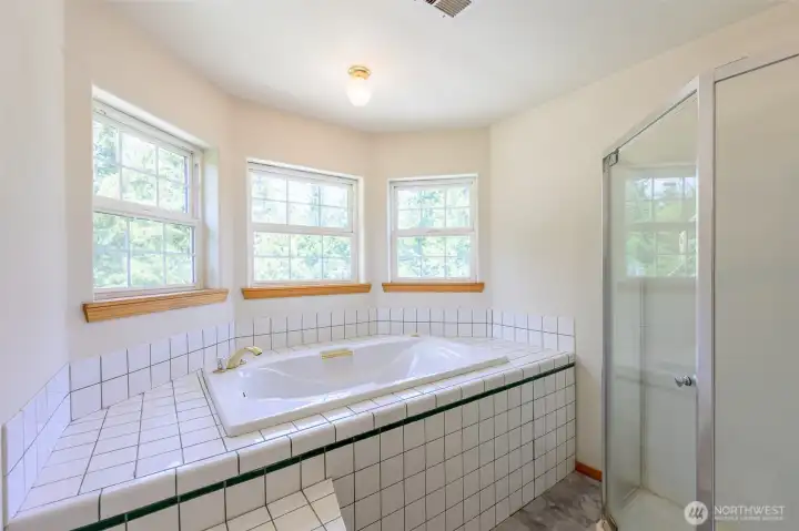 Primary jetted tub & shower. Primary jetted tub & shower.