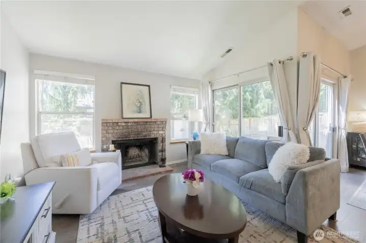 Cozy brick, wood burning fireplace