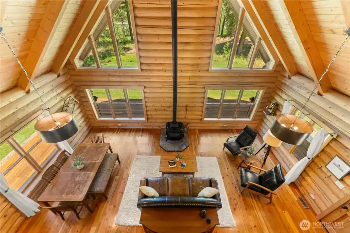 Dramatic bird's-eye view of the great room below.