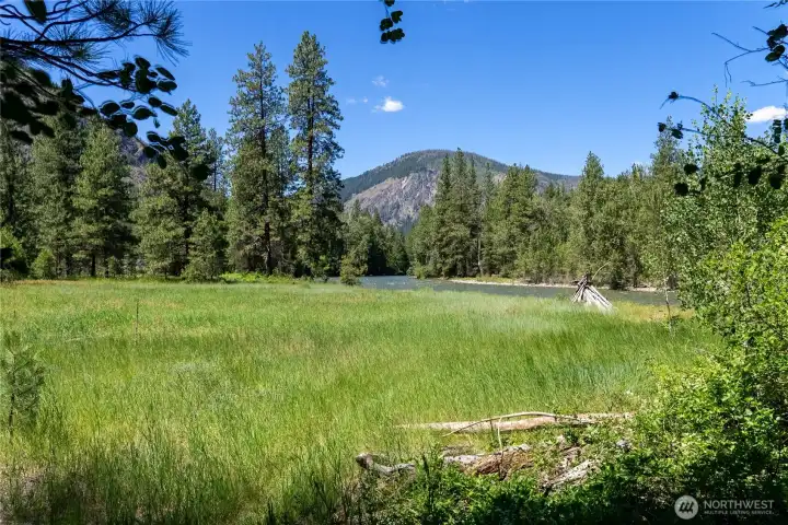 Mountain meadow, mountain views, and crystal clear river. One of a king.