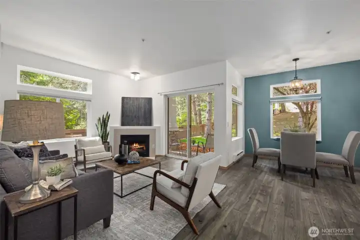 Looking from the hallway into the living and dining area.