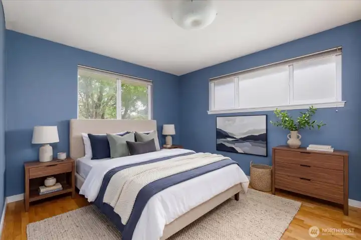 Virtually staged primary bedroom.