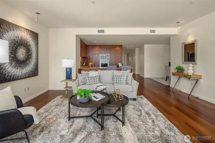 Looking back toward the open kitchen, with a handy office nook to the right. The home also features 9-foot ceilings and central heating and cooling. Looking back toward the open kitchen, with a handy office nook to the right. The home also features 9-foot ceilings and central heating and cooling.
