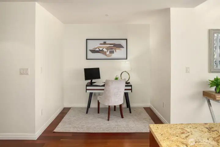 A built-in nook provides flexible space for work-from-home days or curling up with a book. A built-in nook provides flexible space for work-from-home days or curling up with a book.