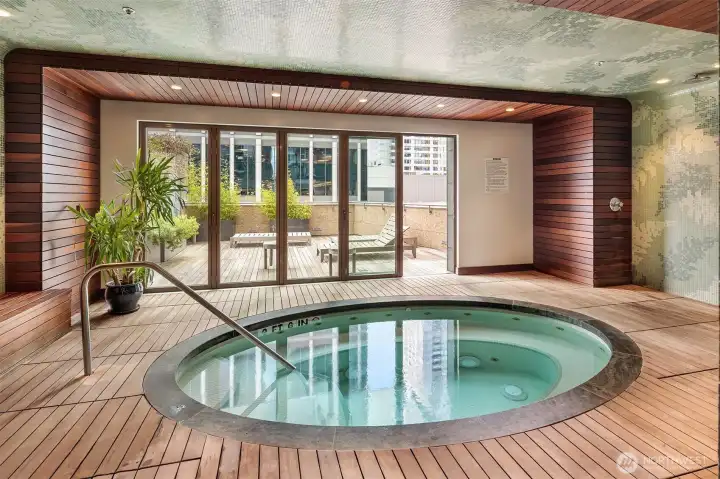 The relaxing spa area features a hot tub, sauna, steam room, and cold plunge. The relaxing spa area features a hot tub, sauna, steam room, and cold plunge.