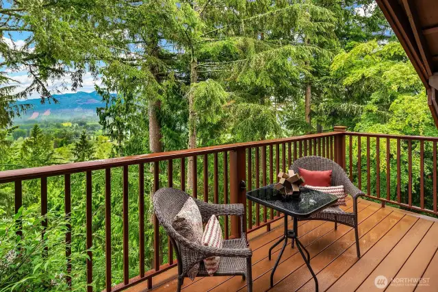 Private Deck overlooks Snoqulamie River Valley, Mountains and lush surroundings.