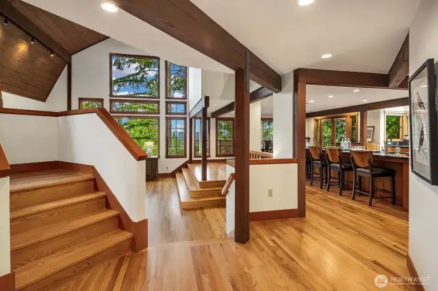 Multi-level living with beautiful woodwork and hardwood floors.