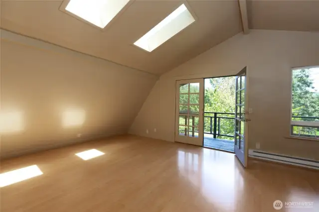 Primary bedroom has new skylights added and French doors to upper deck overlooking from yard.