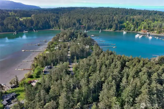 De Haro Lane peninsula off Yacht Haven area of island. Private Community Beach just a short walk from property. Snug Harbor Resort shown in upper right of photo across the calm inlet.
