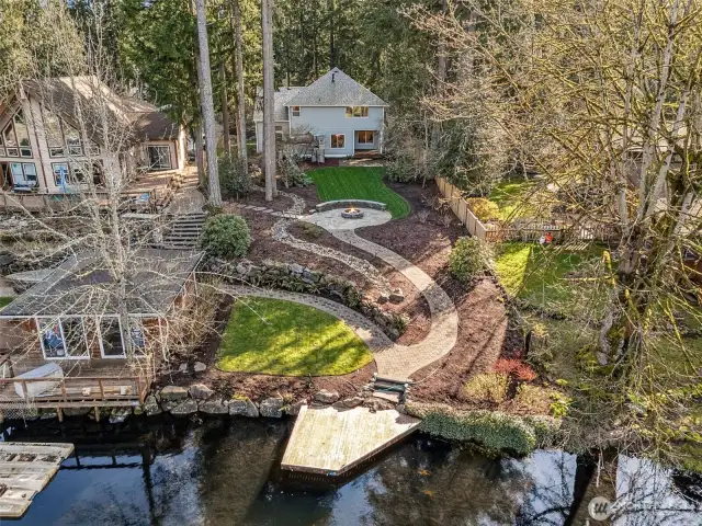A Birdseye vision of all the opportunity for  outdoor living - on Covington Creek with  quick access to Lake Sawyer!  (boat house to the left belongs to the  neighboring property)