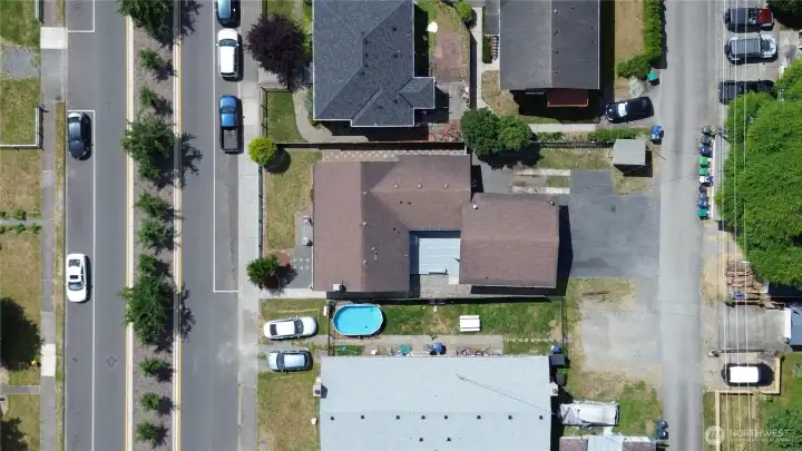 Arial view showing 2 nd street (left) and alley (right)
