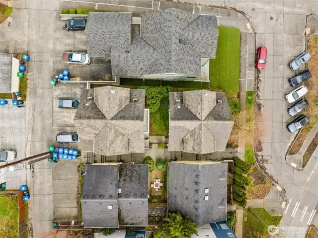 Aerial showing abundant public street parking.
