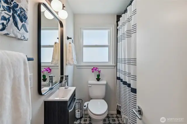 Full guest bathroom has designer touches and finishes.