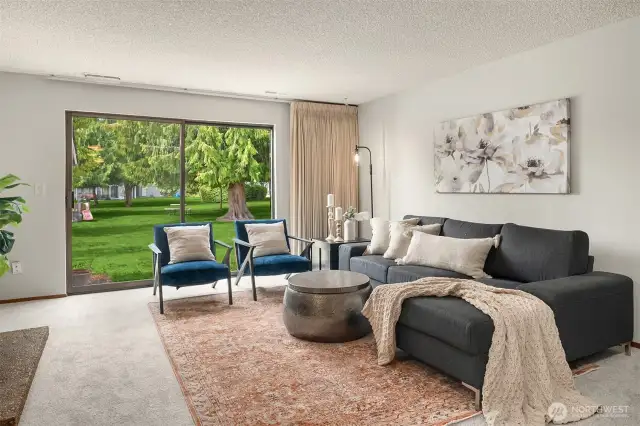 So much space in your living room and light abounds through your huge sliding door!