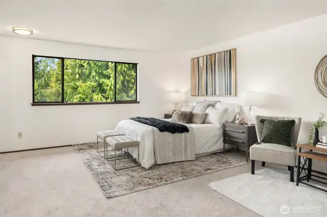 Primary bedroom overlooks the park like back green space